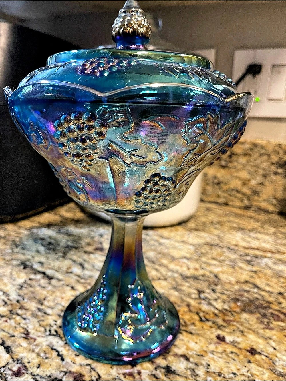 Indiana Glass Blue Carnival Glass Harvest Grape Footed Candy Dish with Lid